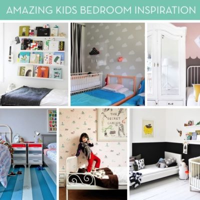A child's room organized with different furniture and shelving.