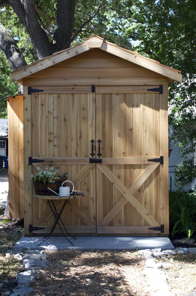 A wooden shed in the shadow of a large tree.