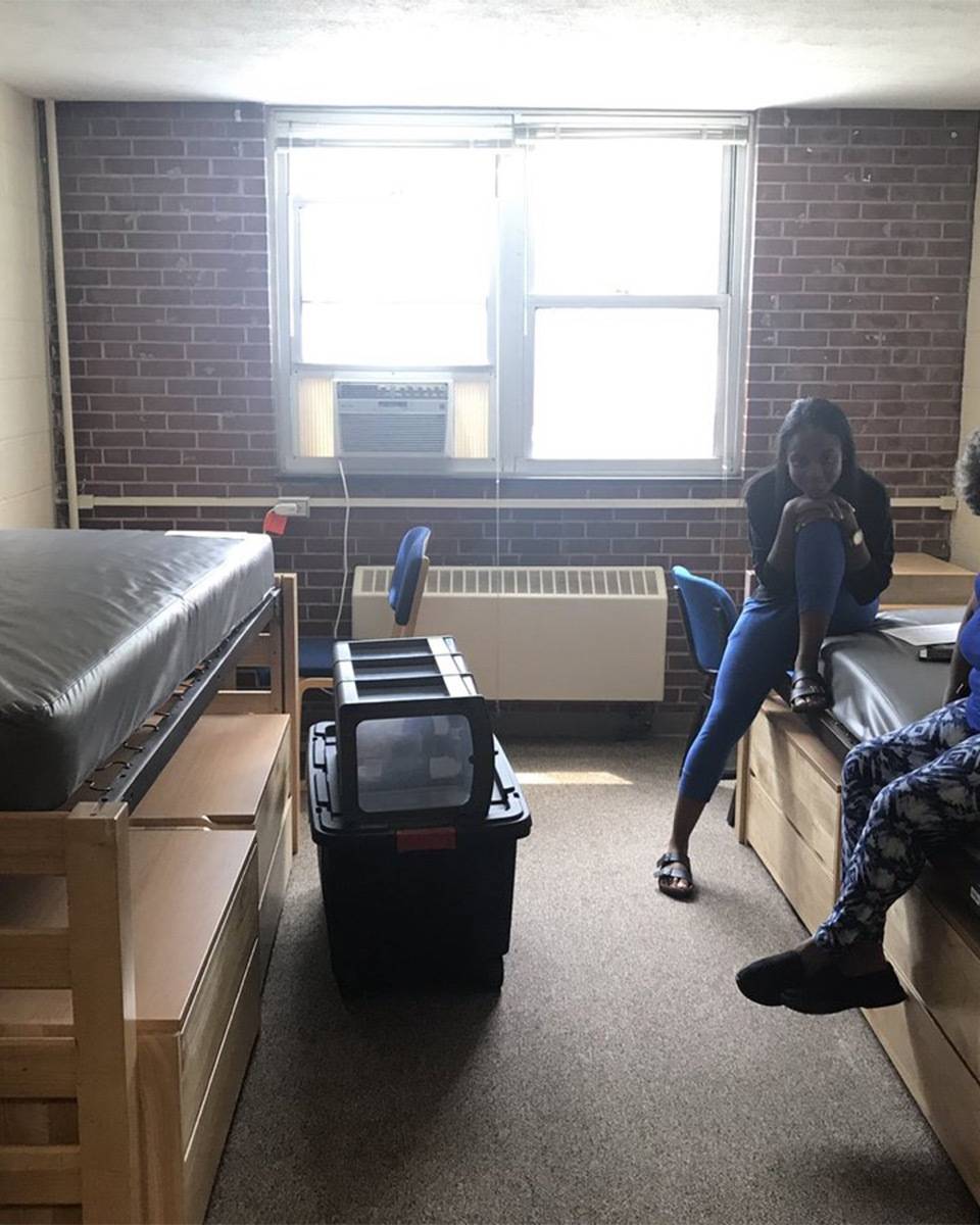 A small dorm room with natural light and a brick wall.