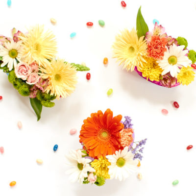 Flowers are set up on a white surface.