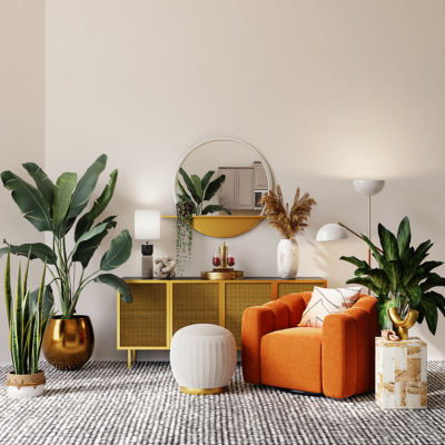 Big leaf plants in living room space of home.