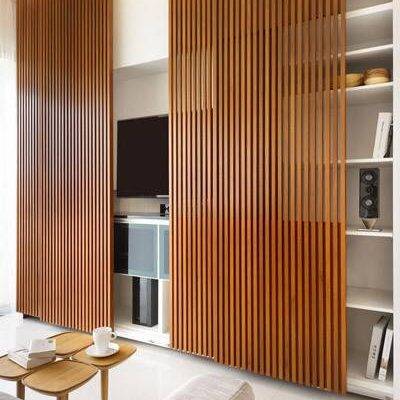 Sliding doors are open to reveal shelves holding books and a television.